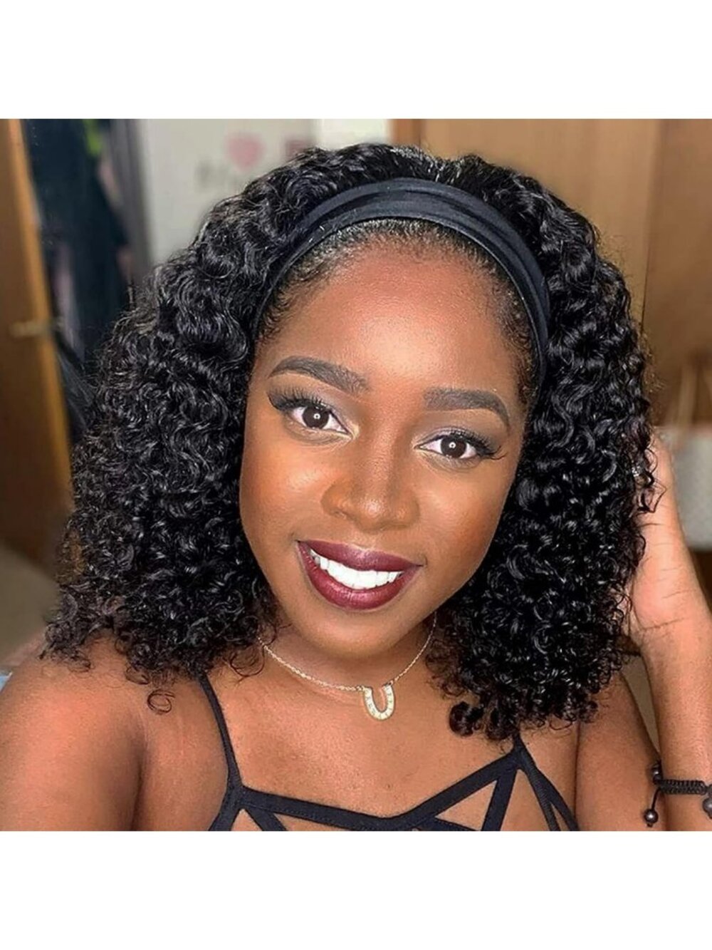 Punmasa Headband Wig Human Hair Deep Wave 12 Inches None Lace Front Wig Human
